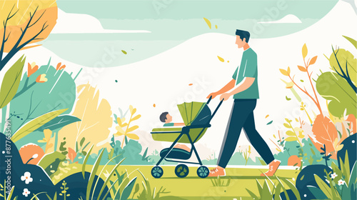 An asian young father walking with baby stroller in t