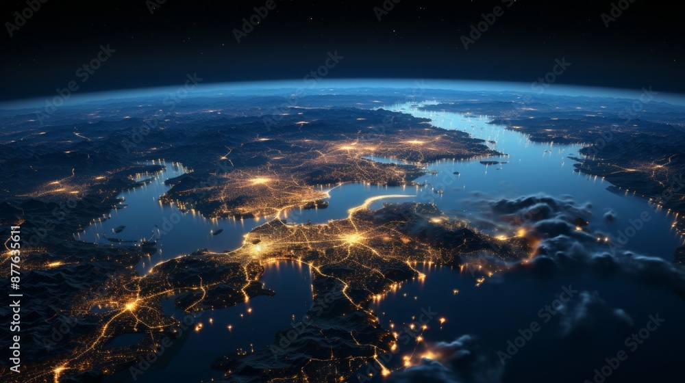 Fototapeta premium A breathtaking view of Earth from space as the sun rises over the horizon, casting a warm glow on the planet's surface.