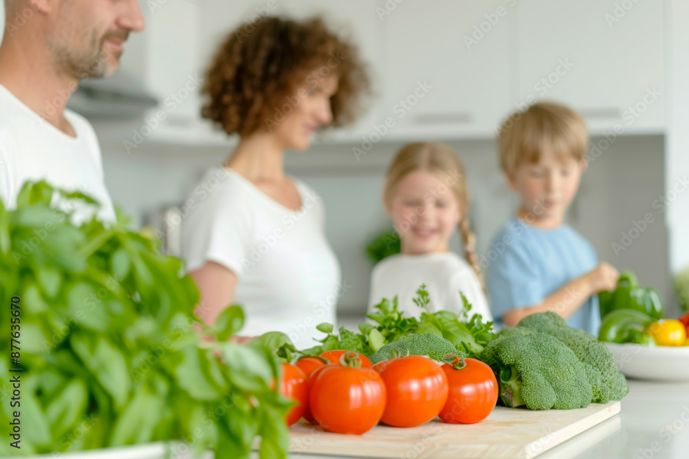 Happy family preparing salad for breakfast in the kitchen, blurred background, selective focus on fresh tomatoes on the table Happy family preparing salad for breakfast in the kitchen, blurred background, selective focus on fresh tomatoes on the table
