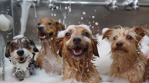 Portraying dogs of different breeds being playfully washed and dried in a daycare spa setting, emphasizing cleanliness and socialization