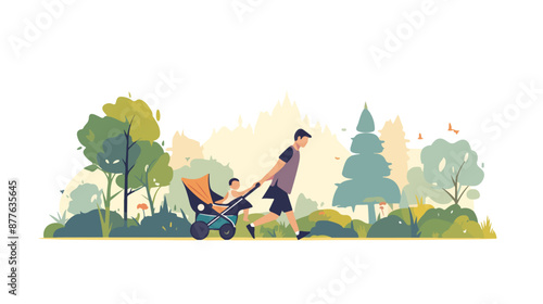 An asian young father walking with baby stroller in t