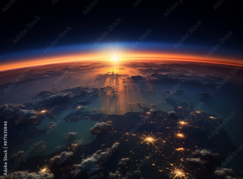 A breathtaking view of Earth from space as the sun rises over the horizon, casting a warm glow on the planet's surface. A breathtaking view of Earth from space as the sun rises over the horizon, casting a warm glow on the planet's surface.
