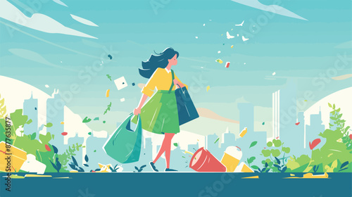 An asian young woman throwing away a garbage in a gre