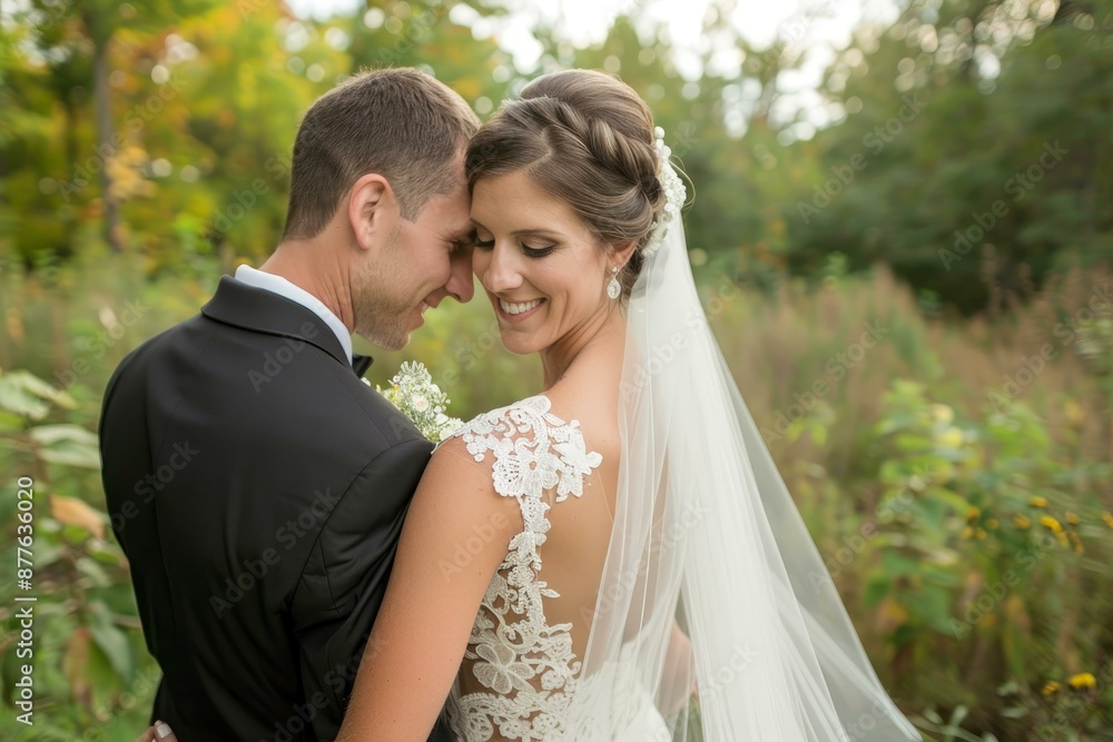 Groom embracing his smiling bride while wearing her lace wedding dress and he is wearing a black tuxedo Groom embracing his smiling bride while wearing her lace wedding dress and he is wearing a black tuxedo