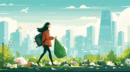 An asian young woman throwing away a garbage in a gre