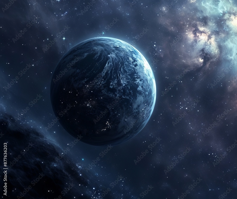 Naklejka premium A breathtaking view of Earth from space as the sun rises over the horizon, casting a warm glow on the planet's surface.