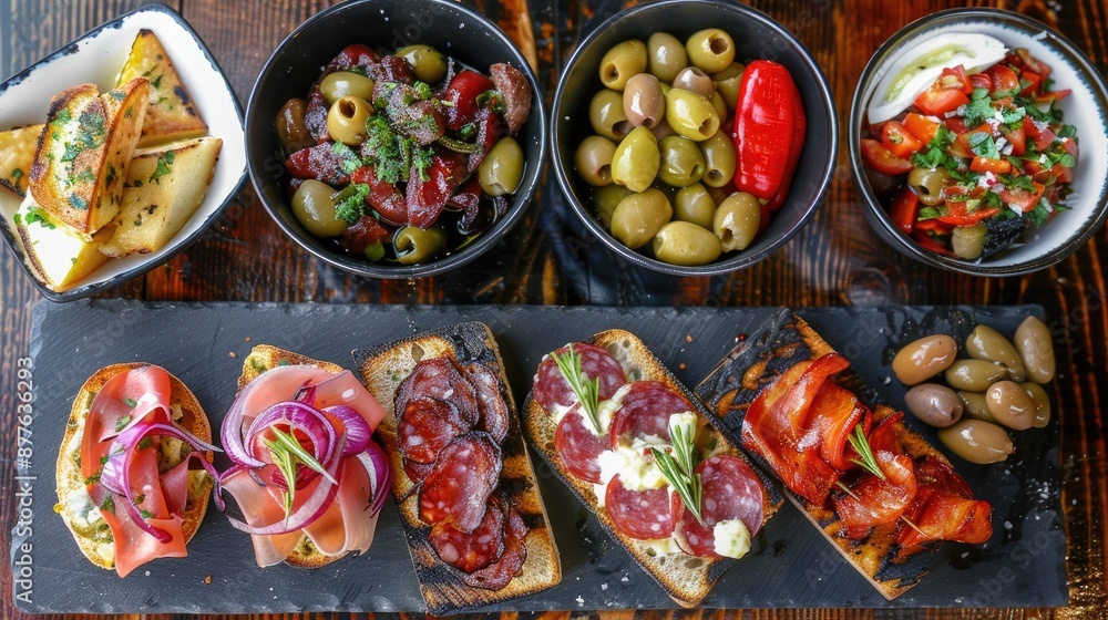 Spanish tapas featuring jamon serrano grilled peppers olives salami pickled onions and cheese stuffed peppers from above Spanish tapas featuring jamon serrano grilled peppers olives salami pickled onions and cheese stuffed peppers from above