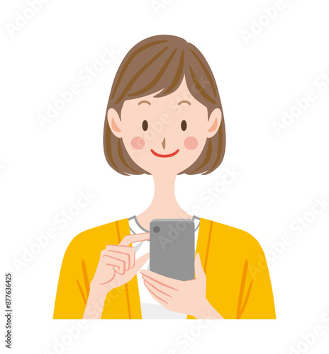 スマホを操作する若い女性のイラスト　スマートフォンを使う主婦　学生