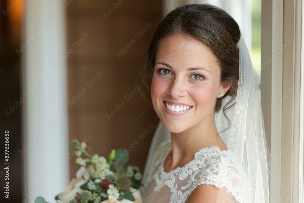 Beautiful young bride is smiling while holding a bouquet on her wedding day Beautiful young bride is smiling while holding a bouquet on her wedding day