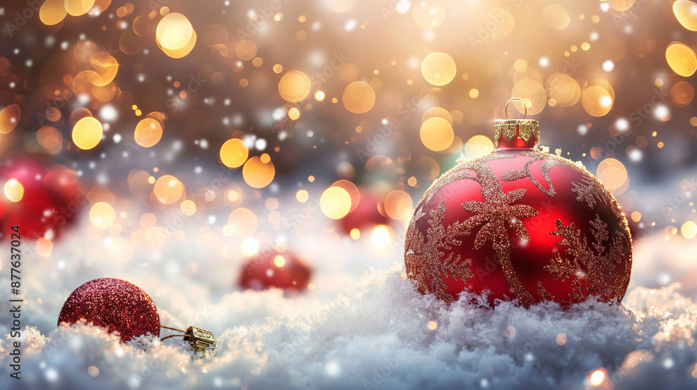 Red christmas ornament lying on snow with twinkly lights background Red christmas ornament lying on snow with twinkly lights background