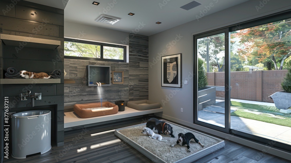 contemporary suburban home with an integrated pet area that includes a dog washing station and a custom pet bed, blending functionality with modern design contemporary suburban home with an integrated pet area that includes a dog washing station and a custom pet bed, blending functionality with modern design