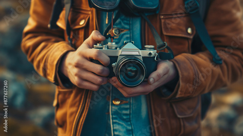 Photographer holding vintage analog camera outdoors