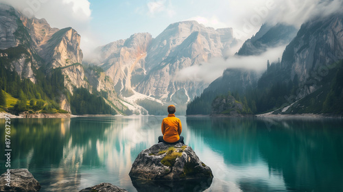 Man meditating on rock in the middle of lake surrounded by mountains