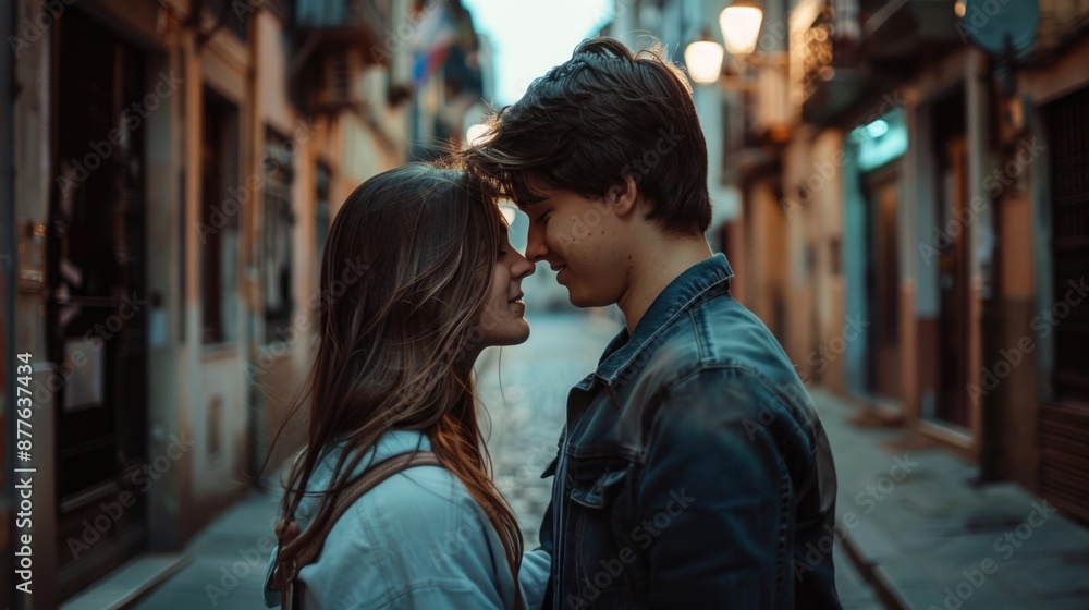 A pair of people standing together in a dimly lit alleyway, possibly after a night out A pair of people standing together in a dimly lit alleyway, possibly after a night out