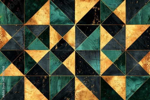 Wallpaper Mural Elegant geometric pattern highlighted by intricate details in opulent gold, black, and green hues Torontodigital.ca