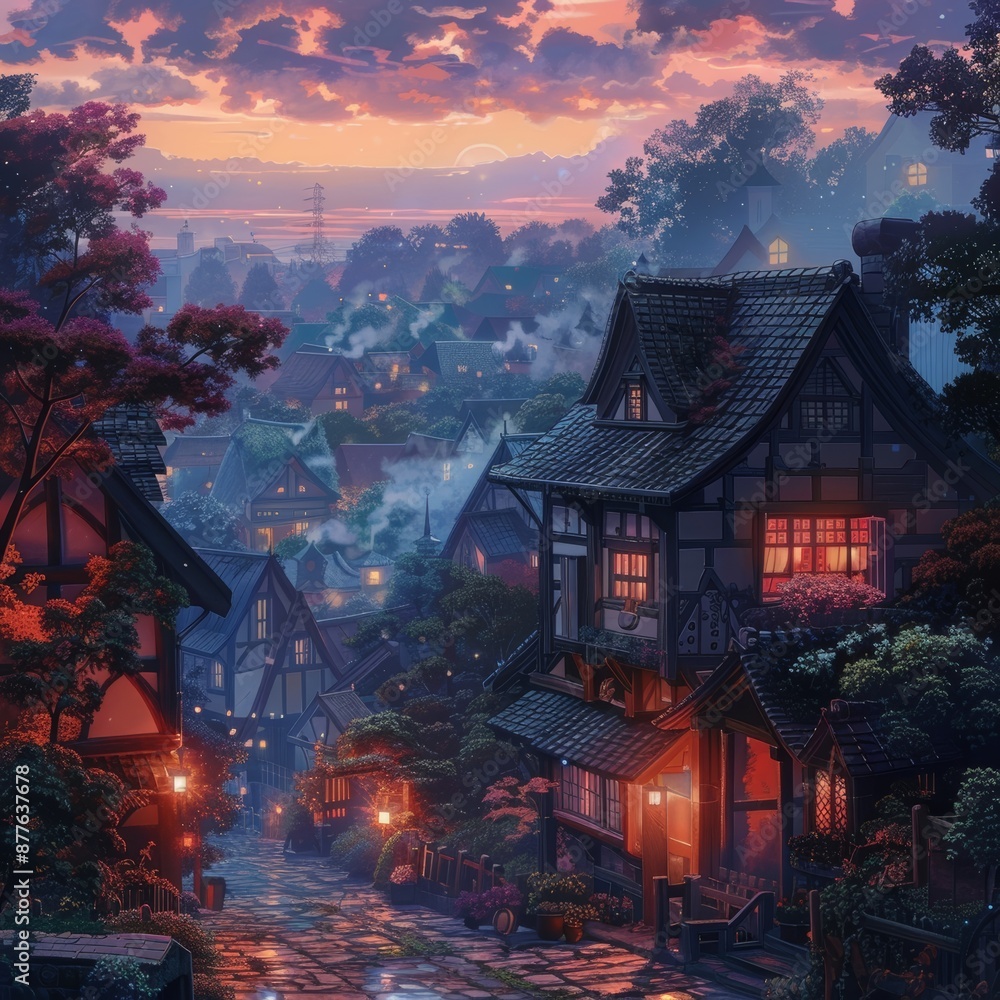Charming twilight village with glowing windows, cobblestone paths, and colorful sunset sky in a serene countryside setting Charming twilight village with glowing windows, cobblestone paths, and colorful sunset sky in a serene countryside setting
