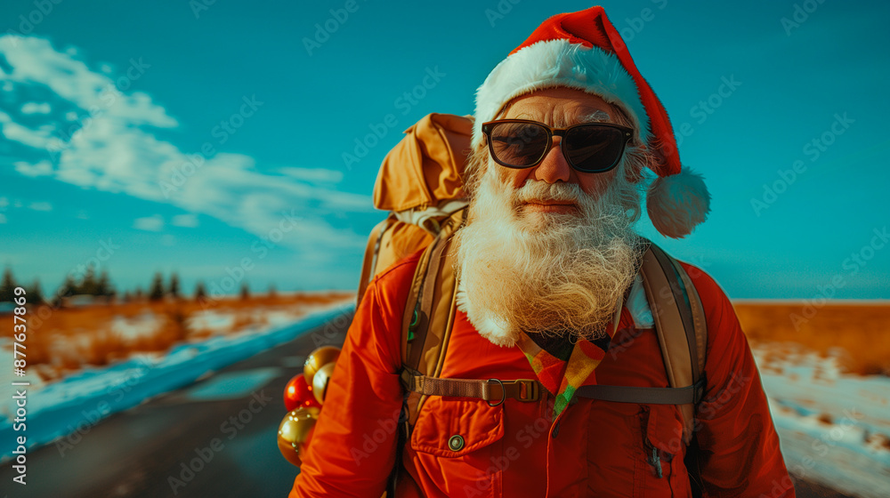 backpacking santa claus on the road traveling with a backpack on an outdoor adventure at christmas