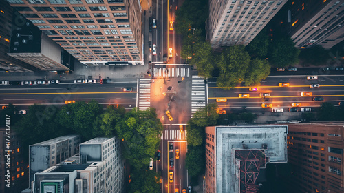 Aerial view of busy intersection in new york city with yellow cabs