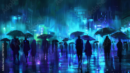 Silhouettes of people walking in a blue and purple neon city under umbrellas in the rain, evoking a sense of urban solitude and rainy night atmosphere. 
