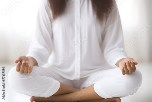 A woman in white meditating with a peaceful expression, perfect for wellness and relaxation concepts. 