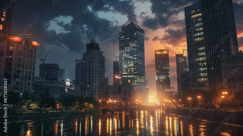 Obraz premium Cityscape reflecting on river at sunset with dramatic sky
