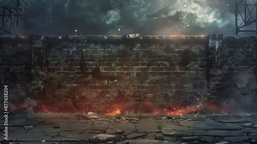 Old brick wall burning in an abandoned neighborhood