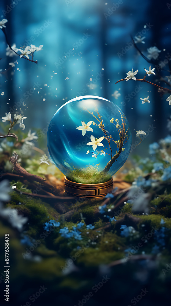 A magical blue glass sphere with white flowers inside, sitting on green moss, evokes a mystical forest setting.
A magical blue glass sphere with white flowers inside, sitting on green moss, evokes a mystical forest setting.