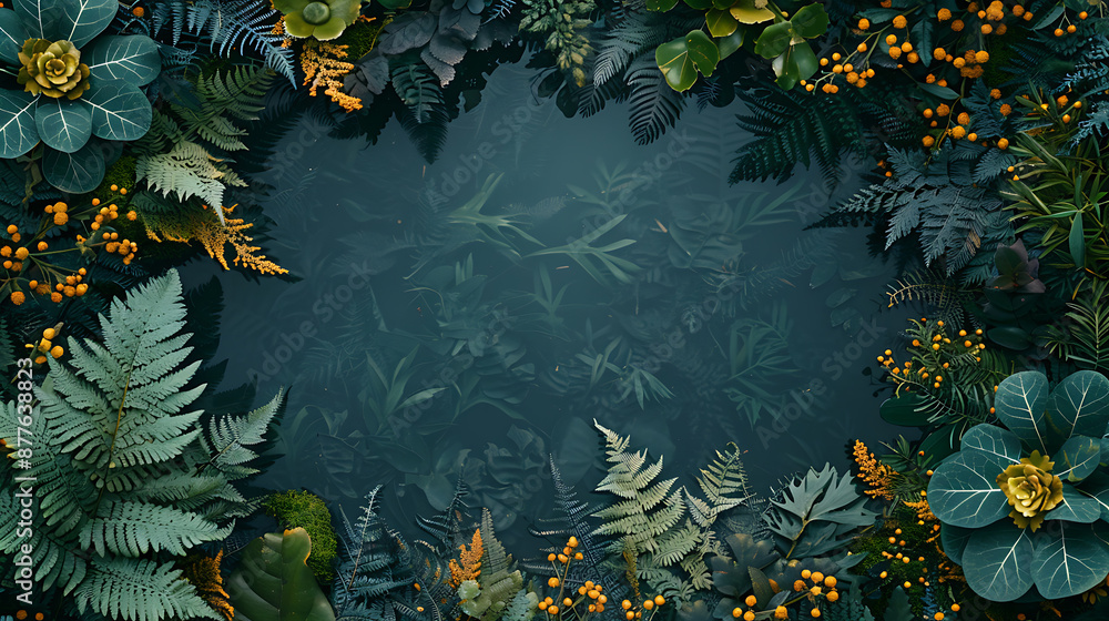 Vibrant green ferns and yellow berries frame a tranquil blue pond, evoking a sense of peace and serenity, perfect for nature-themed designs.
Vibrant green ferns and yellow berries frame a tranquil blue pond, evoking a sense of peace and serenity, perfect for nature-themed designs.