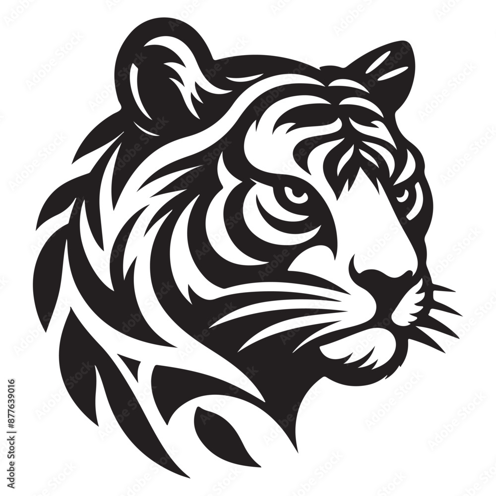 Fototapeta premium black and white tiger head with leaves in fur