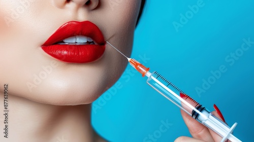 botox injection into lips with syringe on blue background, copy space available photo