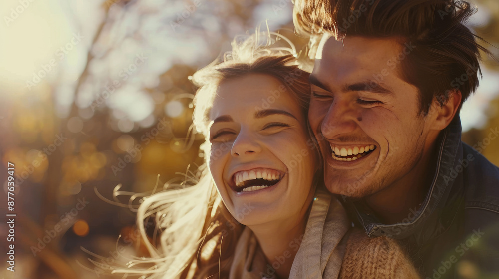 A happy young couple is outside, laughing and having a blast together. A happy young couple is outside, laughing and having a blast together.