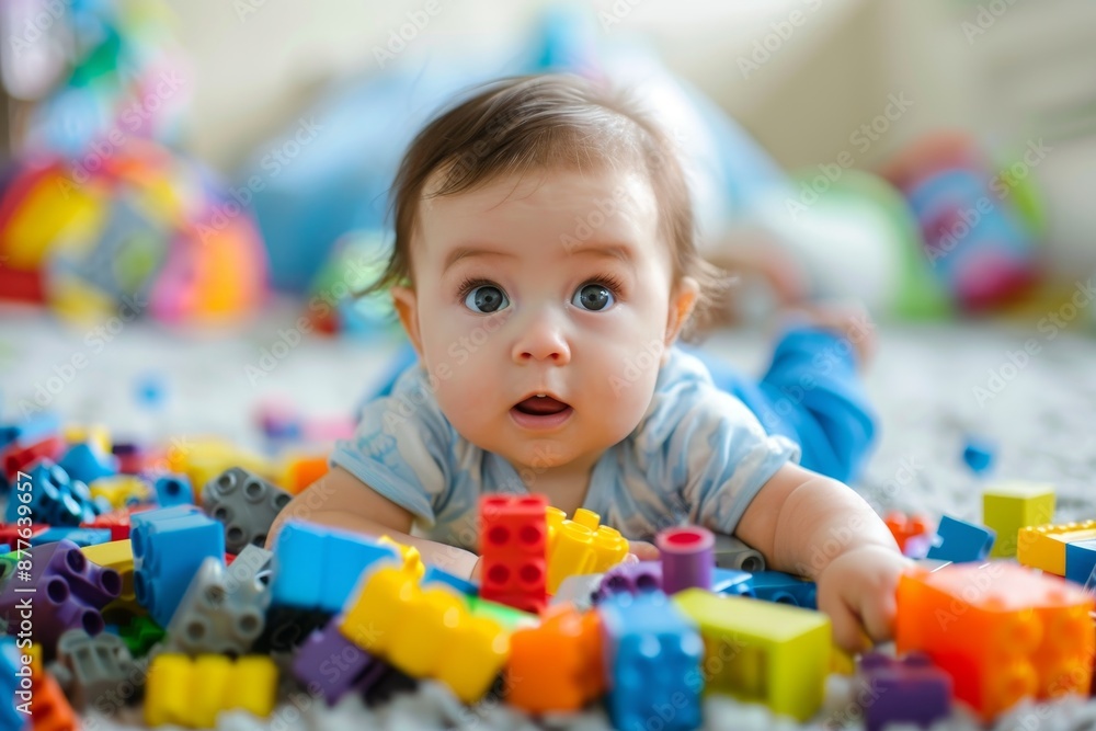 Playful baby surrounded by colorful blocks and toys Playful baby surrounded by colorful blocks and toys