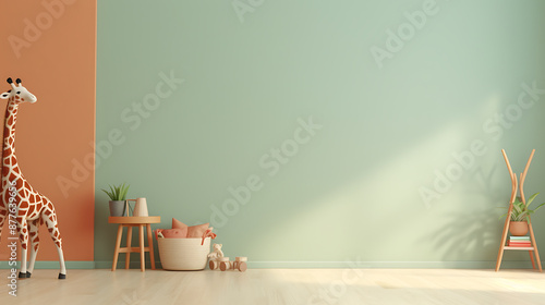 Minimalist nursery interior with green and orange walls, a giraffe toy, and a wooden stand with books, perfect for baby shower or new baby announcements. 
