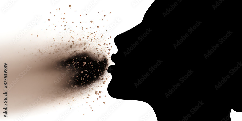 A black silhouette of a person's face with brown dust particles blowing from their mouth, symbolizing the spread of disease, a powerful image for health and safety awareness.
A black silhouette of a person's face with brown dust particles blowing from their mouth, symbolizing the spread of disease, a powerful image for health and safety awareness.