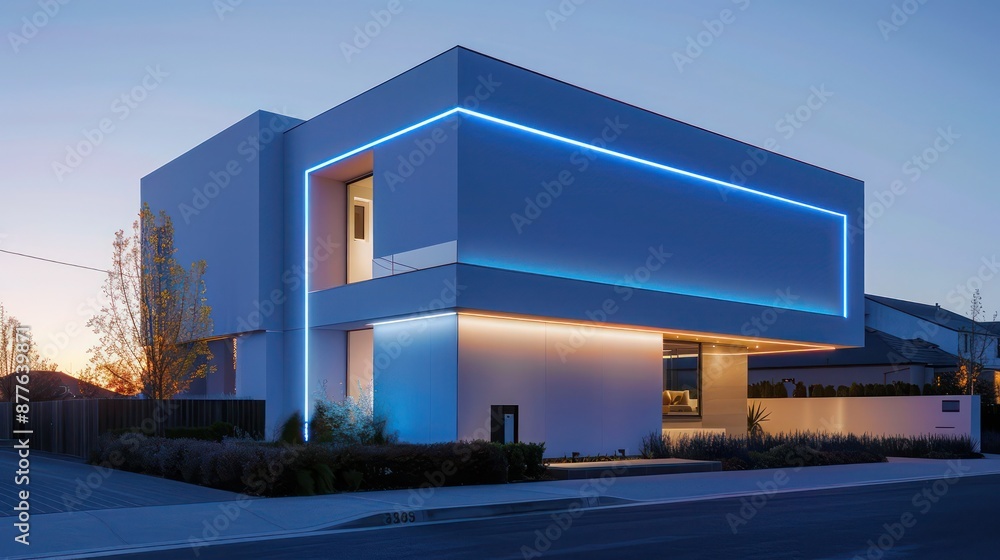 contemporary suburban home with a sleek, white exterior and a blue LED outline that enhances its architectural features at night contemporary suburban home with a sleek, white exterior and a blue LED outline that enhances its architectural features at night
