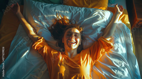 A happy young woman wakes up in bed, her arms stretched out to the ceiling.
