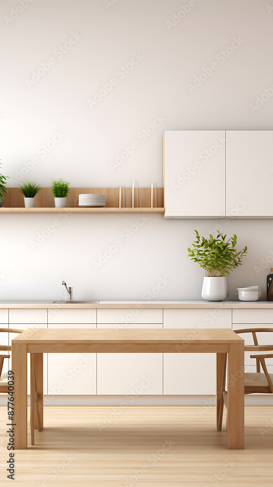 Fototapeta premium Minimalist kitchen design with white cabinets and a wooden table, perfect for a modern home. 