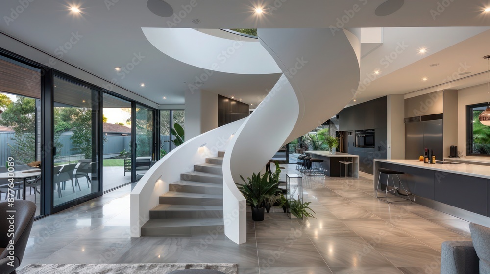 contemporary suburban home with a dramatic, sculptural staircase that ...