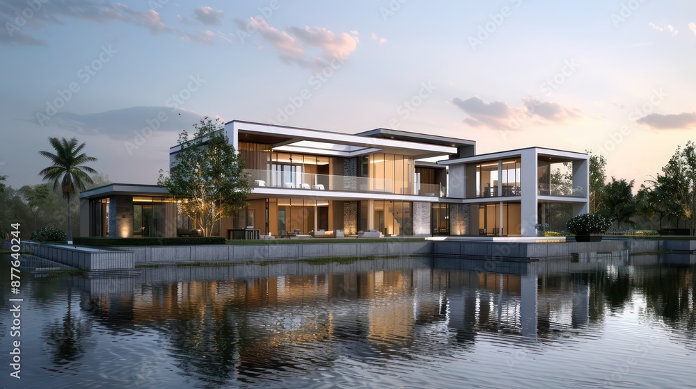 contemporary suburban home with an artfully designed moat that surrounds the property, enhancing its architectural beauty and security contemporary suburban home with an artfully designed moat that surrounds the property, enhancing its architectural beauty and security