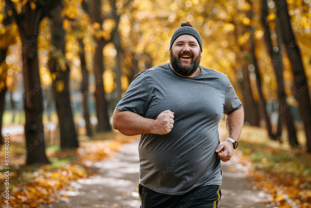 Plus size man jogging in a park, enjoying the outdoors and staying active Plus size man jogging in a park, enjoying the outdoors and staying active
