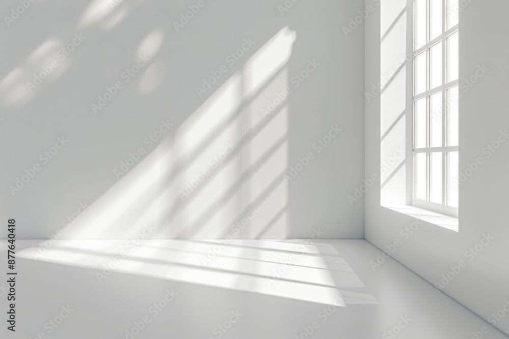Minimalist room with large windows, sunlight and shadows on white walls and floor Minimalist room with large windows, sunlight and shadows on white walls and floor
