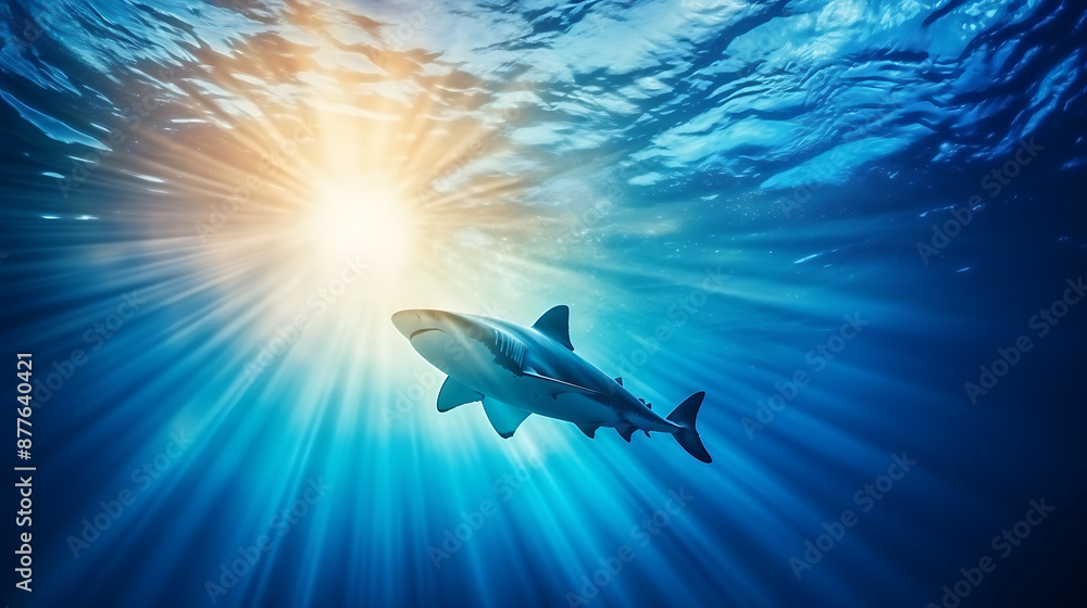 Obraz premium A lone shark swims through blue water with a sunbeam shining down, creating a dramatic and mysterious underwater scene. 