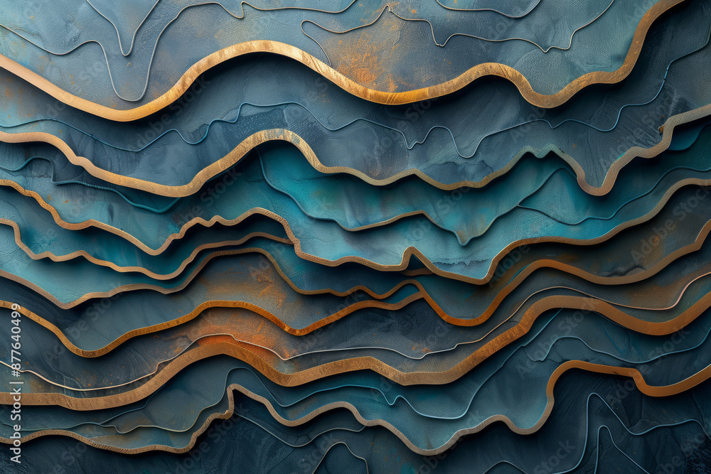Layered textured waves in blue, teal with gold metallic accents Layered textured waves in blue, teal with gold metallic accents