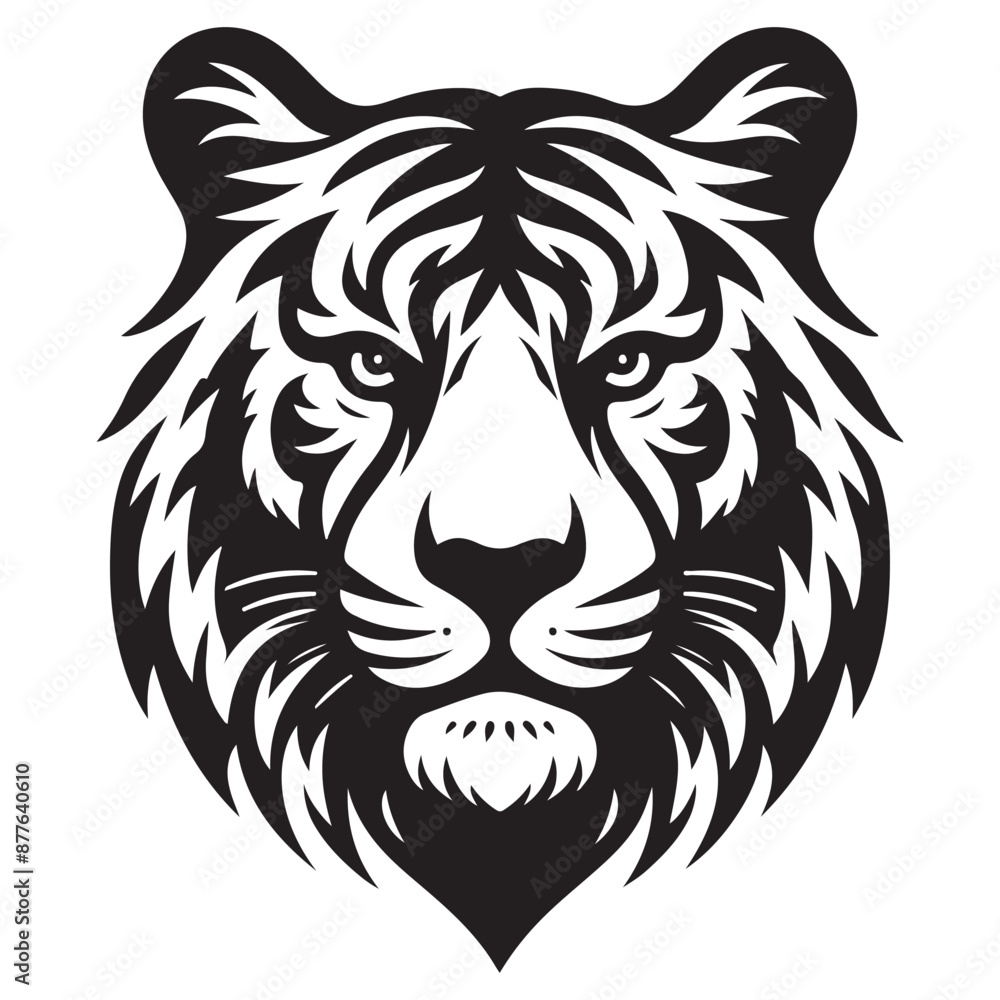 Fototapeta premium black and white tiger head illustration with fur and whiskers closeup