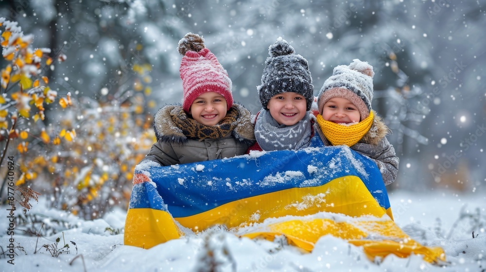 Cheerful ukrainian children holding flag with blurred background, celebrating with joy Cheerful ukrainian children holding flag with blurred background, celebrating with joy