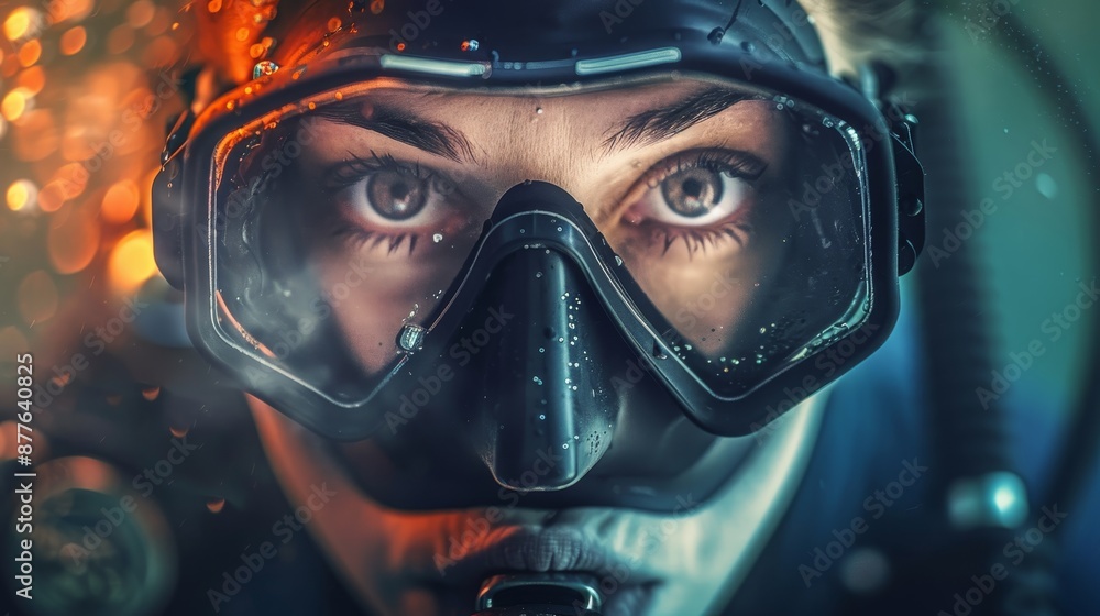 Close up view of a female scuba diver exploring the crystal clear underwater environment Close up view of a female scuba diver exploring the crystal clear underwater environment
