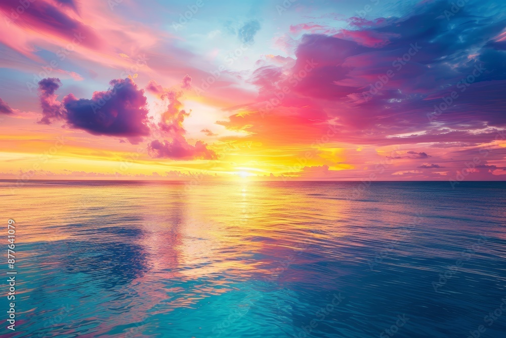 Fototapeta premium Mesmerizing sunset over a calm ocean with vibrant colors in the sky
