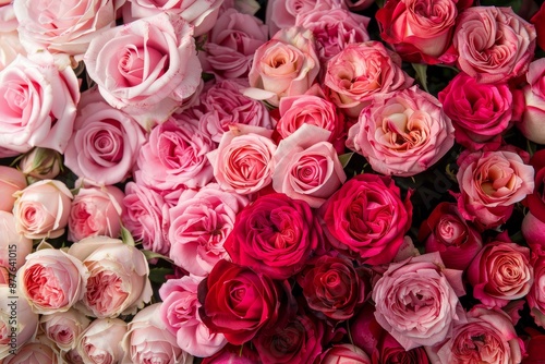 Fragrant bouquet of roses in various shades of pink and red