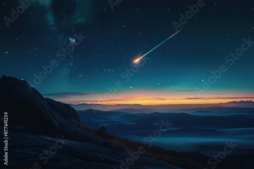 A bright shooting star streaks across the night sky above a mountain range, with peaks and valleys visible in the background