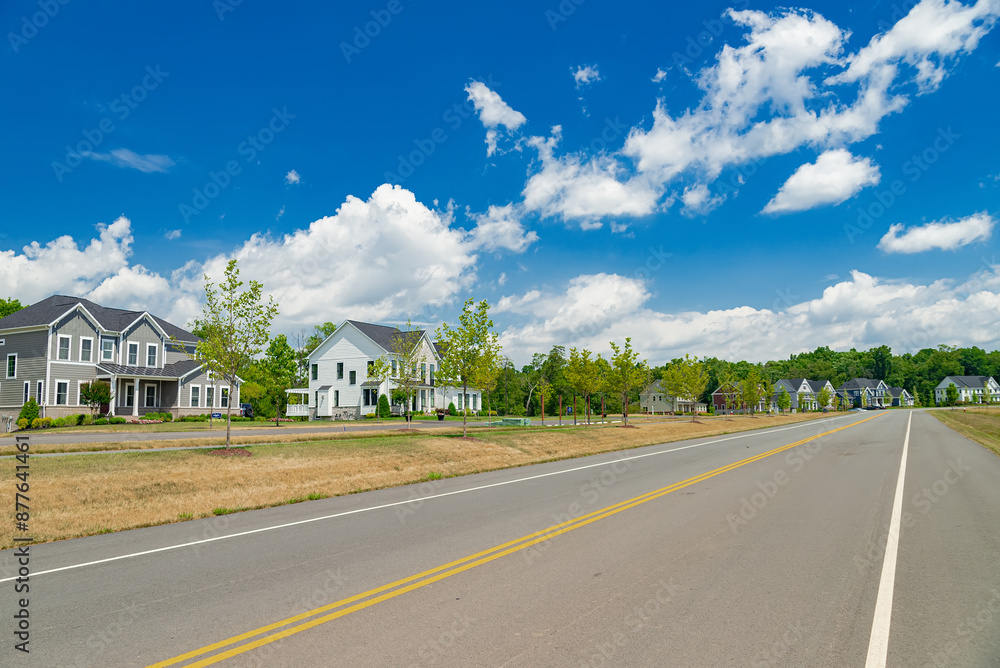 Naklejka premium new two story houses along the road under a blue sky with clouds, New Neighborhood in Leesburg, Virginia.